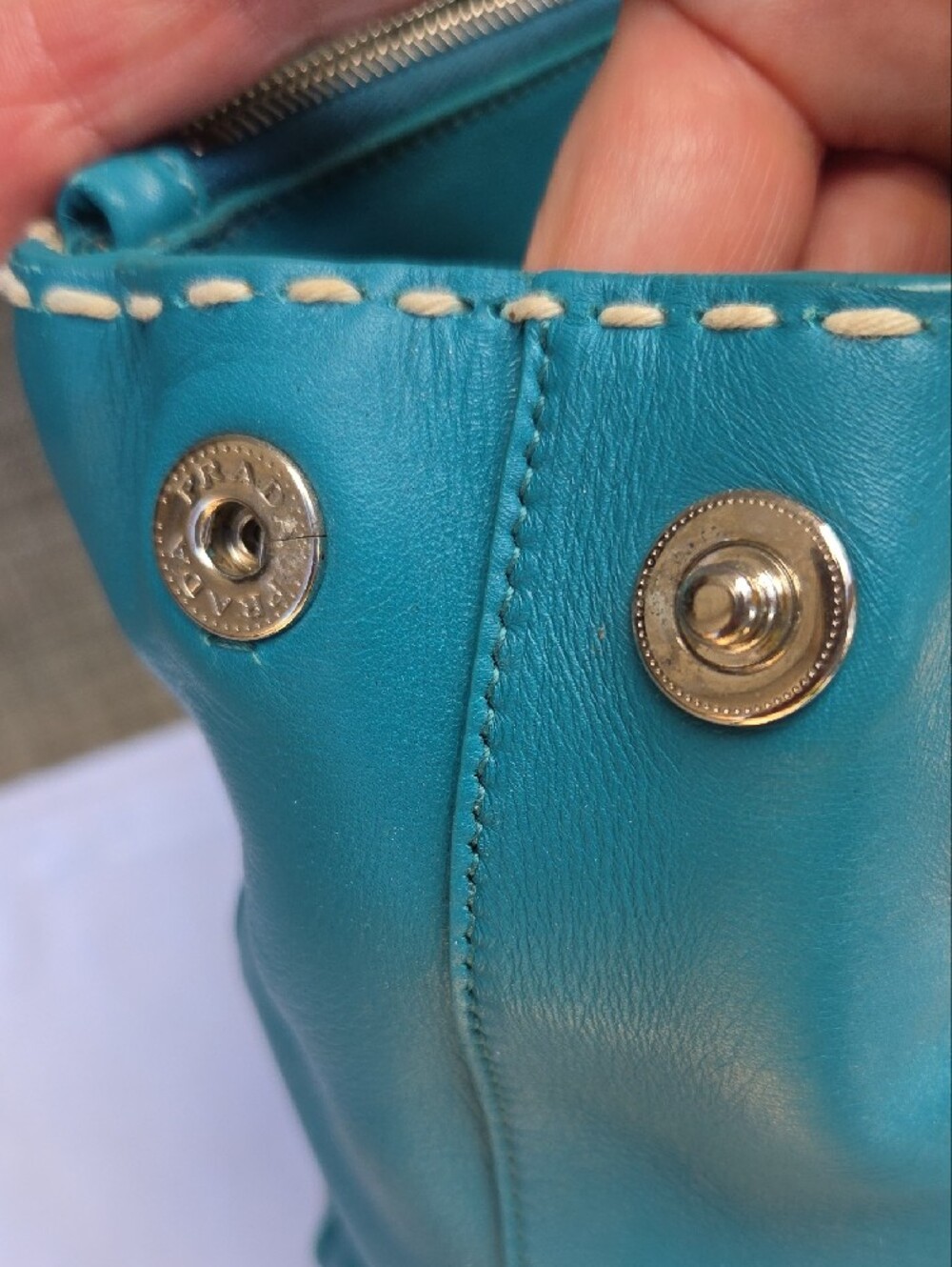 Prada Beige Canvas Satchel with Teal Leather Trim - Picture 17 of 17